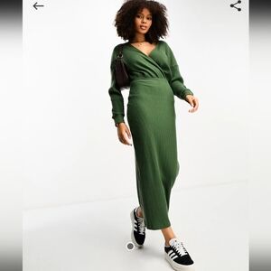 Asos wrap front super soft rib midi dress with long sleeve in khaki